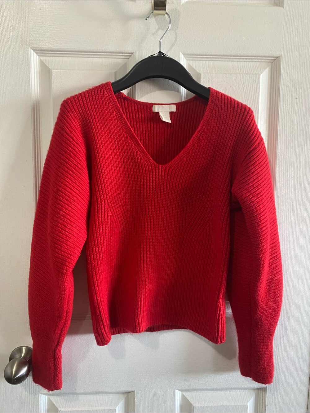 H&M Archive Hennes Everyday Red Thick Ribbed V-Neck Knit Sweater Cozy XS VGUC